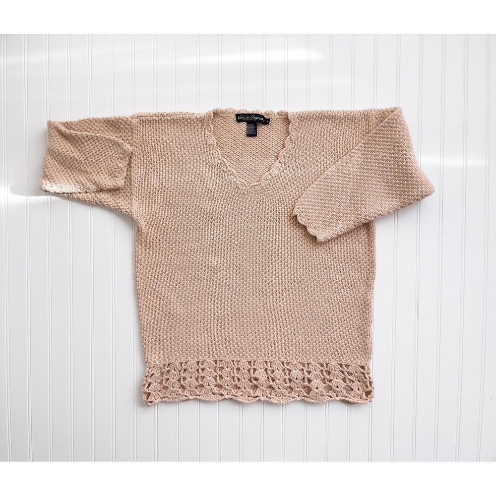 vtg Work In Progress pastel peach‎ crochet cotton sweater